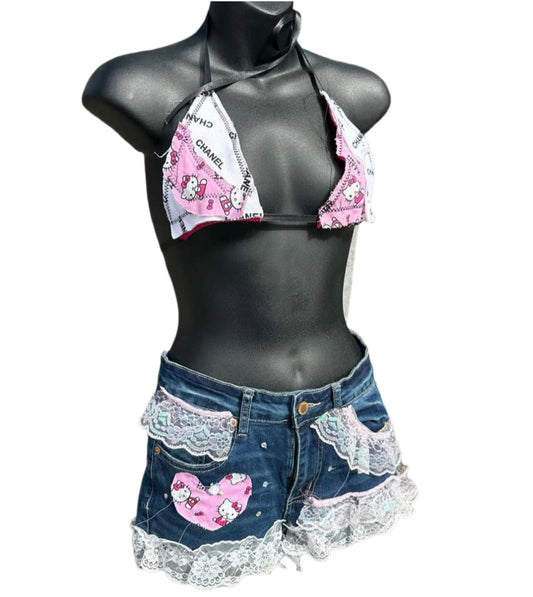Handmade top & reworked jeans >> hellokitty summer set